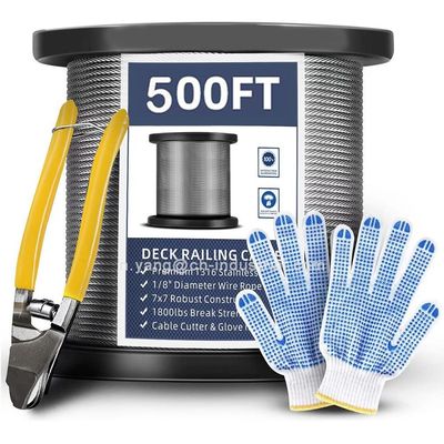 अच्छा दाम प्रमाणपत्र ISO9001/ISO14001 T316 स्टेनलेस स्टील केबल 7x7 स्ट्रैंड्स 500FT डेक रेलिंग एसएस केबल वायर रस्सी कटर के साथ ऑनलाइन